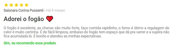 Depoimento sobre a qualidade do Fogão Itatiaia