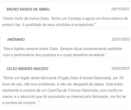 Depoimentos dos clientes que compraram fogão DAKO é boa
