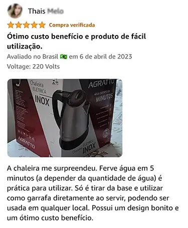 Depoimento sobre o custo-benefício da chaleira Agratto